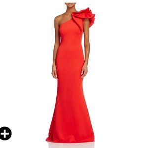 Average G one shoulder ruffle gown in red